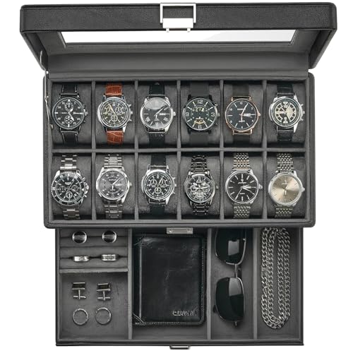 ProCase Estuche para Relojes, Caja Organizadora de 12 Ranuras y 2 Niveles con Tapa de Cristal, Cuero sintético premium, Almohadillas y Forro de Terciopelo, Porta Relojes para Hombre - Negro