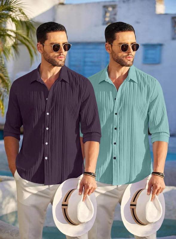 Image of FINIVO FASHION Men's Cotton Blend Shirt Set Lightweight, Full Sleeves, Plain Texture, Button Closure, Summer Ready (Pack of 2)