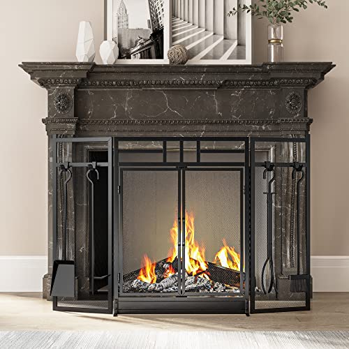 Yitahome 48.43X30.91In 3-Panel Folding Fireplace Screen With Magnetic Hinged Door, 4-Piece Fire Place Tool Set Steel Fire Spark Guard, Solid Wrought Iron Panels Wood Burning Stove Accessories(Black) #TOP5