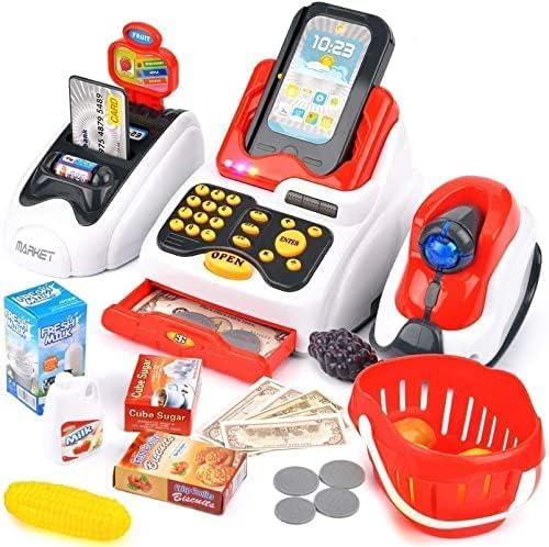 Razzes Supermarket Big Red Cash Register Toy for Kids with Checkout Scanner, Fruit Card Reader, Credit Card Machine, Play Money and Food Shopping Play Set
