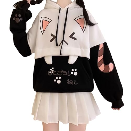 Cuteighteen Cute Cat Graphic Hoodies Pullover Teens Japanese Kawaii Anime Print Hooded Sweatshirt Fashion Tops - One Size - Black