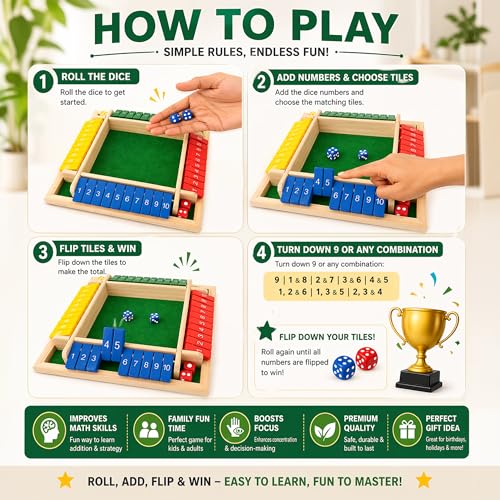 Image of Wooden Shut the Box Board Game with Dice - 4 Player Dice Game | Math Addition Learning Game for Kids | Educational Wooden Montessori Number Learning Toy | 23 x 23 cm