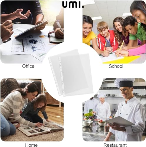 Image of Amazon Brand - Umi A4 Documents File Storage Envelope Transparent File, 100 Pcs Clear Plastic Folder Punched Pockets for Filing Paper and Documents 60 microns