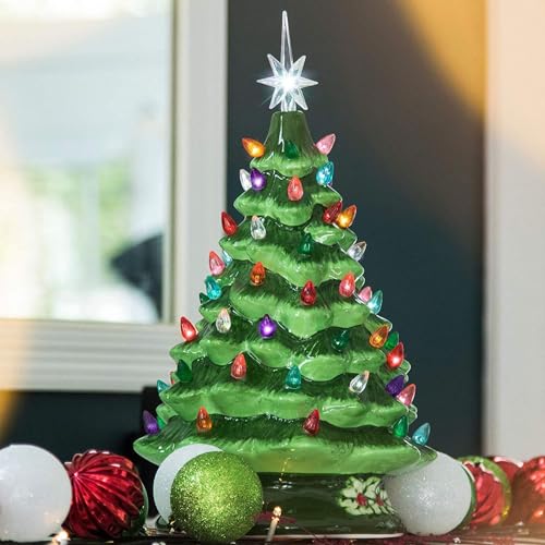 Ceramic Christmas Tree Lamp Creative Light Up Decorations for Home Kitchen Office (White)