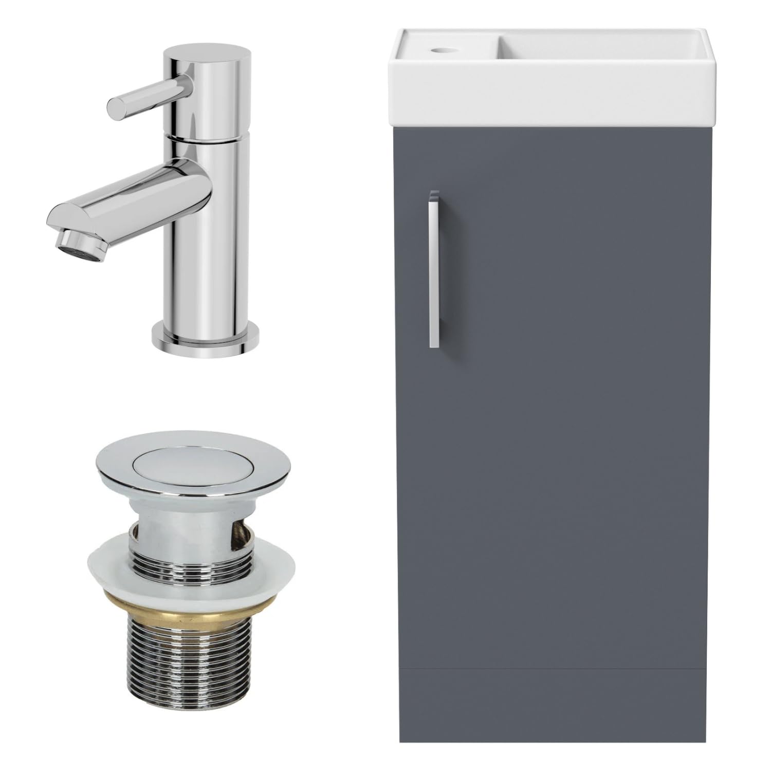 Baystone 400mm Bathroom Vanity Unit Ceramic Wash Sink Floorstanding Storage Cabinet Reversible Soft Close Cupboard & Malmo Basin Mixer Tap & Waste Set, Grey Gloss