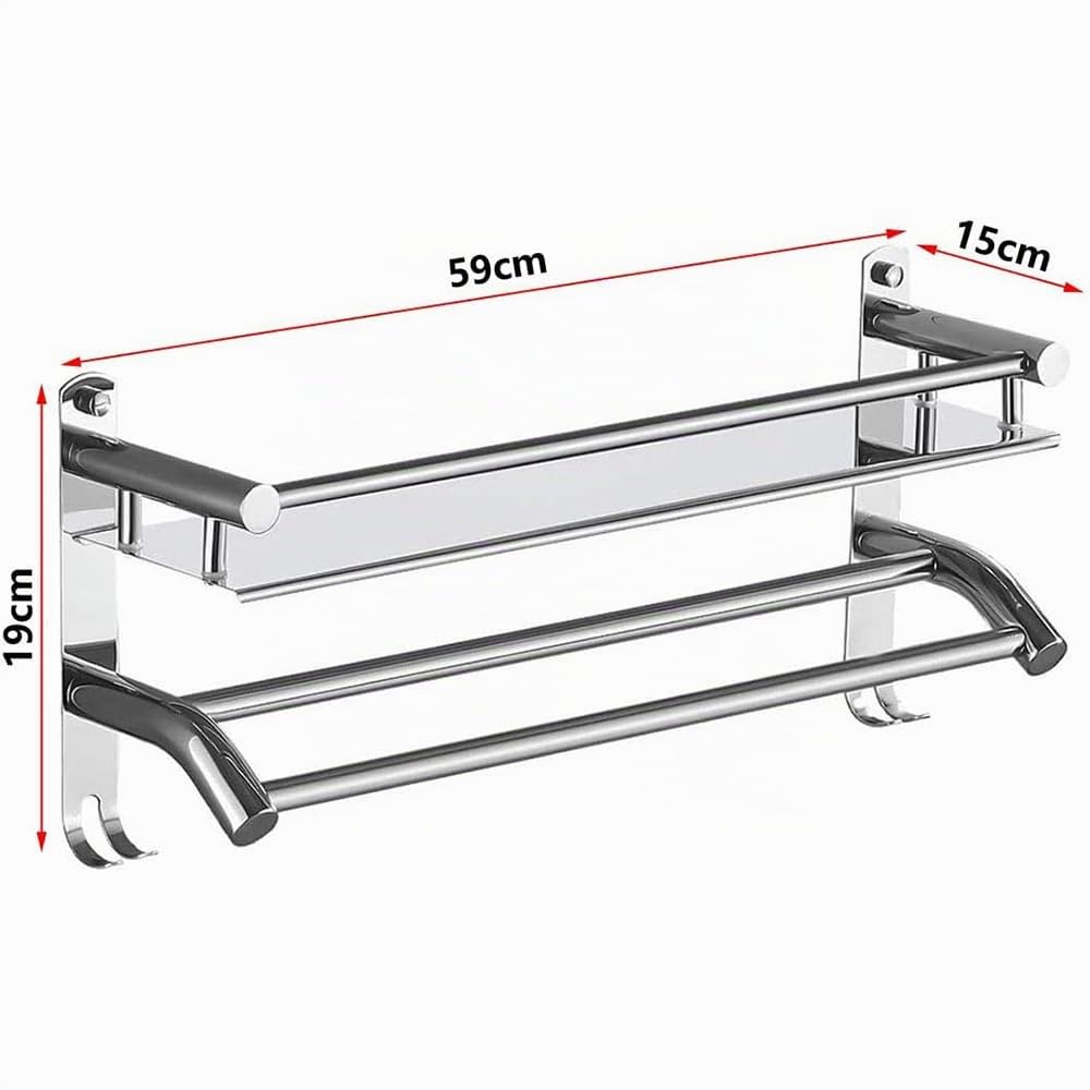 Toallero cromado de acero inoxidable con estante y ganchos, barra de toalla de baño de 59 cm, toallero para baño, cocina, inodoro