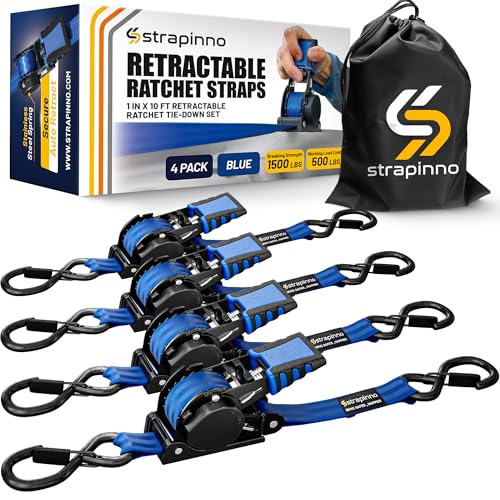 Strapinno Retractable Ratchet Straps (4-Pack) 1 in x 10 ft 1 500LBS Break Strength Most Durable Straps and Core Auto Self Retracting Tie Downs for Truck Moving Motorcycle Bike Jetski Kayak