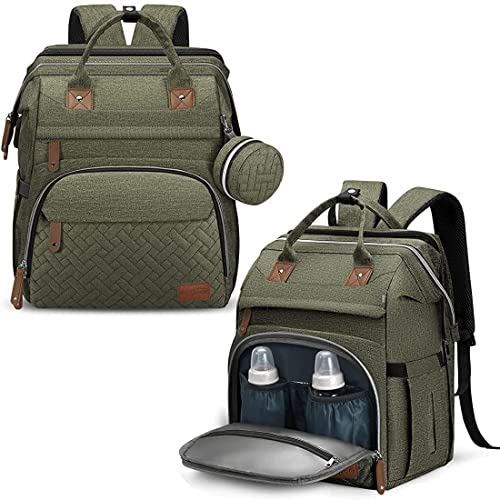 Image of DERJUNSTAR Diaper Bag Backpack, Large Baby Bag with Changing Pad, Thick Padded Back & Straps, Laptop Compartment, Waterproof Travel Backpack with USB Port, Multi-Function for Mom & Dad, Army Green