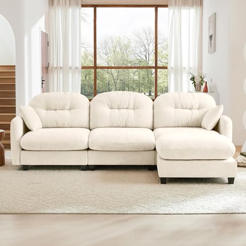 Image of KEIKI 107 inch L-Shaped Oversized Chenille Modular Sectional Sofa with 1 Ottoman, High-Density Foam Cushions, Tufted Pleated Cushion Backrest, Modern 3-Seater Couch with 2 Pillow, for Living Room, Beige