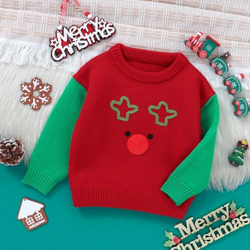 Charming Red & Green Kids' Christmas Jumper with Festive Star Eyes and Nose Holiday Sweater for Boys Girls3