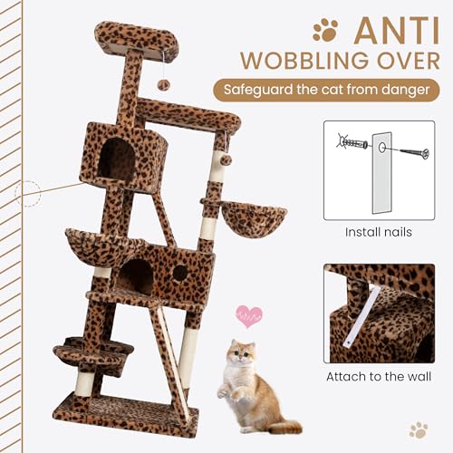 Image of SHA CERLIN 65in Larger Cat Tree Tower Condo for Indoor Kitties /Multi-Level Furniture Activity Center with Wide Base /Cozy Plush Cat Perches /Baskets /Sisal Scratching Posts and Hammock /Leopard Print