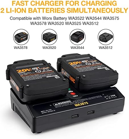 WA3875 Dual Port Lithium Battery Fast Charger with USB Compatible with Worx 18V 20V Lithium Battery WA3578 WA3525 WA3520 WA3575 WA3512 WA3522 WA3544 Replacement Charger WA3875 WA3847 WA3742(UK Plug)