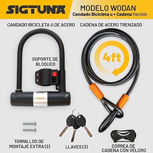 SIGTUNA Candado Bicicleta, U-Lock de 16mm con Soporte, Cadena de Acero de 1,2 m y 3 Llaves de Alta Seguridad, Naranja - imagen 2