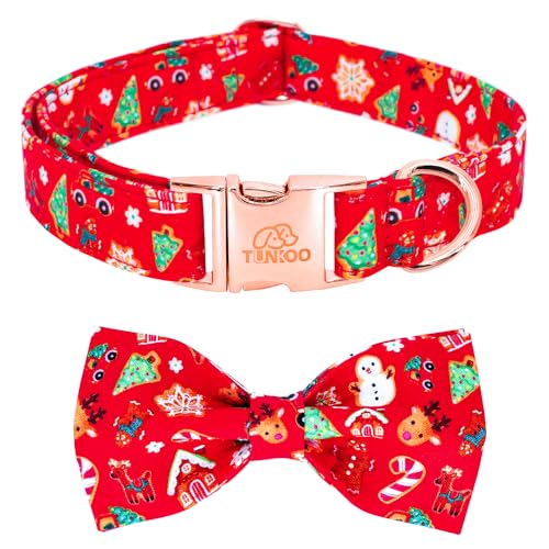 Image of Tunkoo Christmas Dog Collar with Elegant Bow Tie Soft Comfy Cotton Adjustable Collar, Premium Metal Buckle for Puppy and Cat Small Medium Large (Christmas C, M)