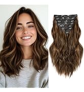 Clip in Hair Extensions for Women, 8PCS 16 Inch Wavy Dark Brown Mix Light Brown Curly Hair Extens...