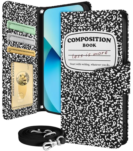 Buleens for iPhone 13 ProMax Wallet Case for Women - with Card Holder for iPhone 13 ProMax Flip Case Leather Crossbody Cute Aesthetic i Phone 13ProMax Case with Strap for Girls Girly, BK WH Notebook