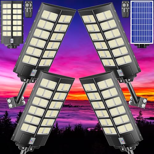 9000W Commercial Solar Parking lot Lights, 260000LM Solar Street Lights Outdoor Waterproof Wide Angle Lamp with Remote, Outdoor Motion Sensor Light for Parking Lots and Yard 9000W-4Pack Blac