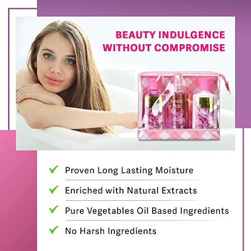 Vital Luxury Sweet Pea Bath & Body Care Travel Set – Refreshing Home Spa Gift Set Includes Body Lotion, Shower Gel, and Fragrance Mist - Enriched with Natural Extracts for Men & Women - 3 Fl Oz Each