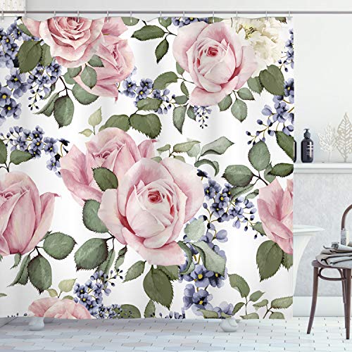 ABAKUHAUS Rose Shower Curtain, Flourishing Pink Roses with Tender Spring Summer Soulful Blossoms Bridal