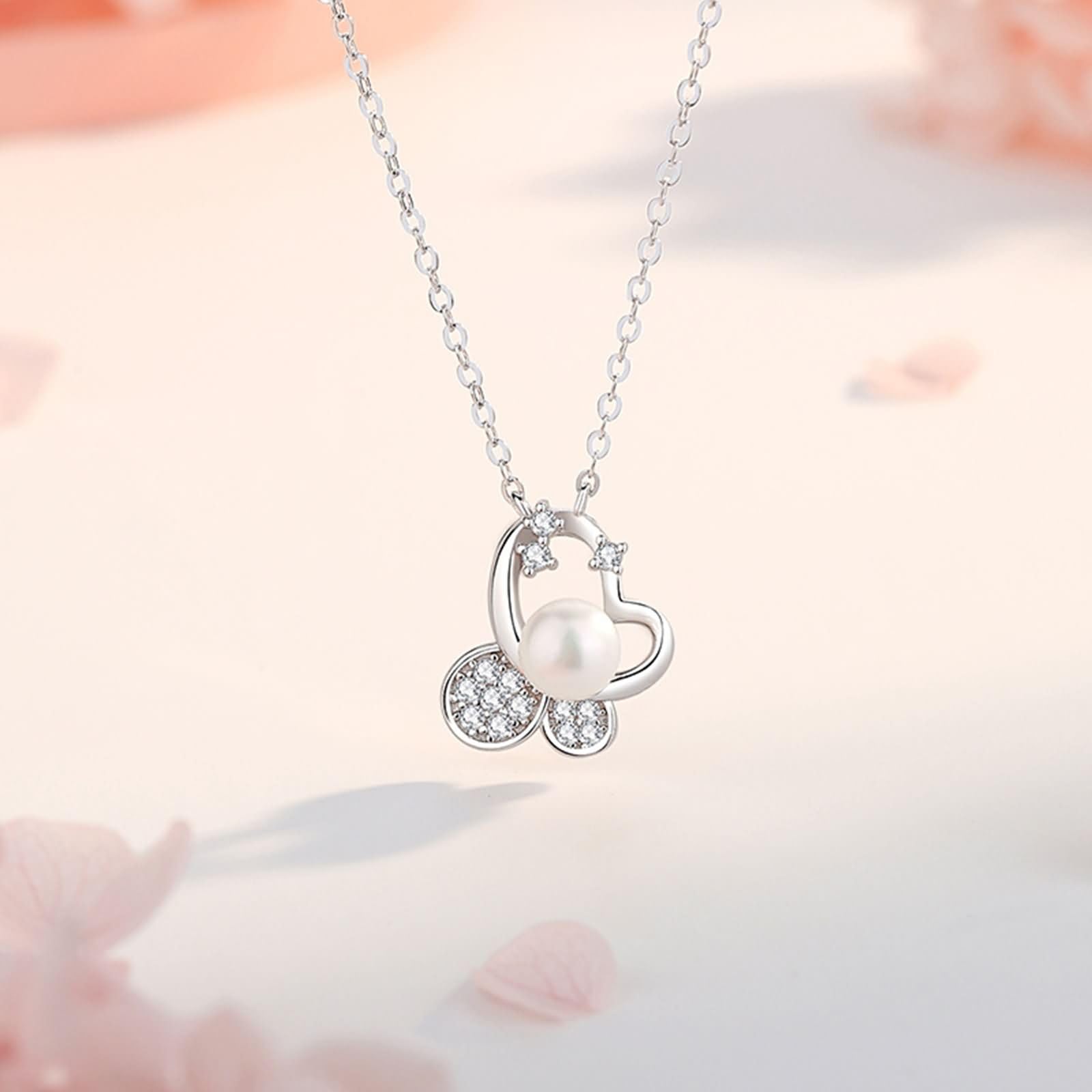 Naszyjnik z łańcuszkiem 9K / 14K / 18K White Gold dla kobiet, serce i perła z moissanitem, wisiorki srebrny naszyjnik damski