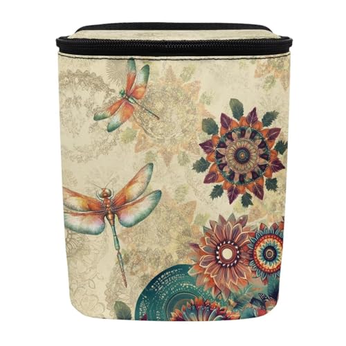 Image of Talayituse Vintage Boho Mandala Dragonfly Print Car Trash Bin, Large Size Auto Trash Can Adjustable Portable Garbage Can with Lid, Vehicle Hanging Bag for Headrest Front Back Seat