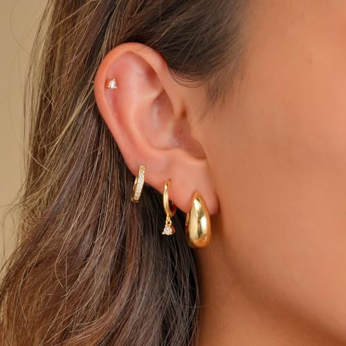 Bsoepnr 4 Pairs Gold Hoop Earrings Set for Women, Dainty 14K Gold Plated Small Huggie Stud Earrings Hypoallergenic Dangle Cartilage Huggie Hoop Earrings for Multiple Piercings2