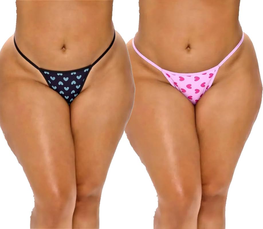 Heart Print String Bikini Bottom Set, Black and Pink, 2-Pack Thong Style Swimwear/Panty-image-17