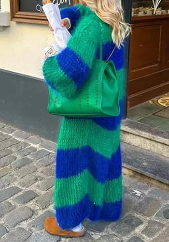 Famnbro Womens Long Cardigan Sweaters Striped Color Block Long Sleeve Open Front Duster Chunky Comfy Sweater Coat2