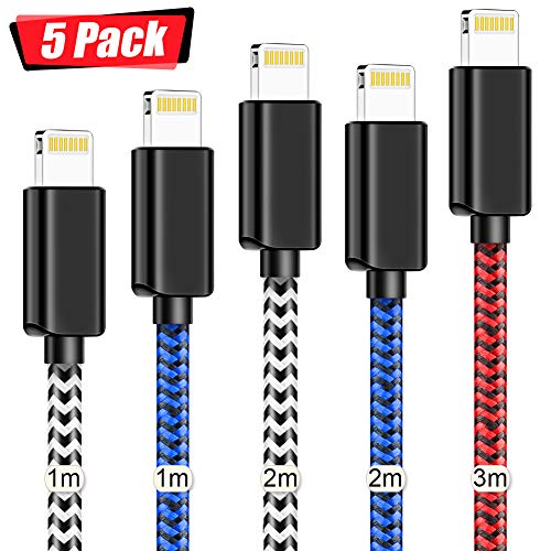 VaseaVIVK Cargador Phone -[1/1/2/2/3 M] 5 Piezas Nylon Cable Trenzado Duradero de Carga Rápida Compatible con Phone XS/XR/X/8/8 Plus/7/6s/6Plus/6/Pad/Pod y más - （Rojo Azul Blanco y Negro）
