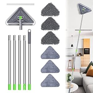 Wall Cleaner Mop, Baseboard Cleaner Tool Duster, with Extension Pole 23″ to 85″, with Window Squeegee, 6 Replacement Washable Microfiber Pad, for Cleaning Walls Baseboard Ceiling Window Floor