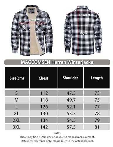 MAGCOMSEN Herren Karierte Jacke Winterjacke Übergangsjacke Warm Baumwolle Freizeit Gefüttert Hemd mit Tasche Schwarz XL