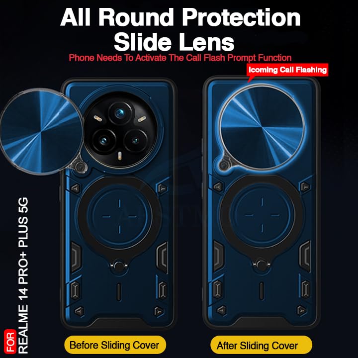 Image of AESTMO Armor Realme 14 Pro Plus 5G Bumper Back Case Cover | Ring Holder & CD Pattern Sliding Camera Shutter Cover | Back Case Cover for Realme 14 Pro Plus 5G (Blue)