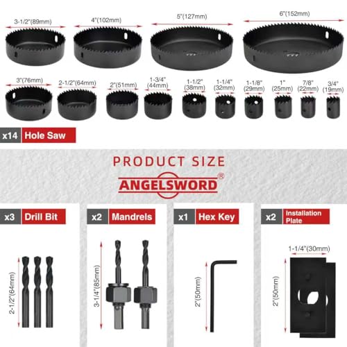 ANGELSWORD Hole Saw Set 24 PCS Hole Saw Kit, Hole Saw Drill Bit Kit, 3/4"-6" (19-152mm) 14 PCS Saw Blades, for Drywall, Soft Wood, Plywood, Plastic, PVC