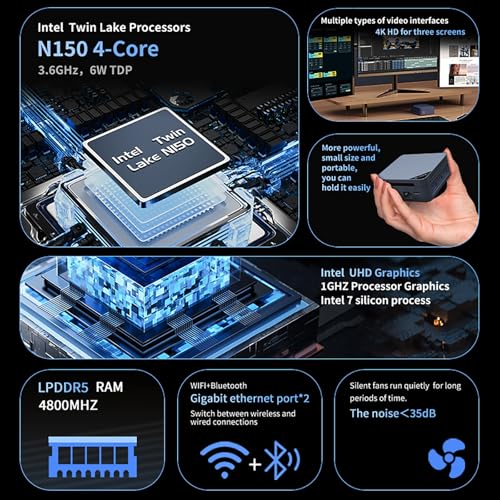 Image of MOREFINE N150 Mini PC, 13TH Twin Lake N150 (Upgraded N100), 12GB 4800MHz LPDDR5 512GB NVMe M.2 SSD, Mini Computer Support 4K Triple Disply, Micro PC with USB3.2 /RJ45 /WiFi /BT /Home /Office