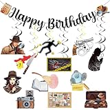 Pancartas de fiesta de cumpleaños de detective, decoraciones de fiesta misteriosa con pancarta de feliz cumpleaños, asesinato, misterio, remolinos colgantes, calcomanías de pista de escena del crimen
