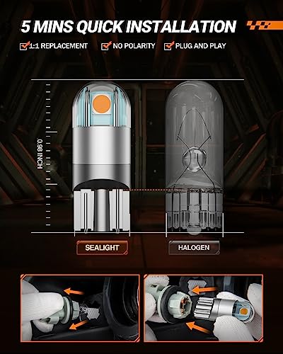 Image of SEALIGHT 194 LED Bulb 2700K Amber, 168 2825 T10 W5W 3030 Bright LED Chips, Dome Light, Map Light, Door Light, Courtesy Light, License Plate Light, Pack of 10
