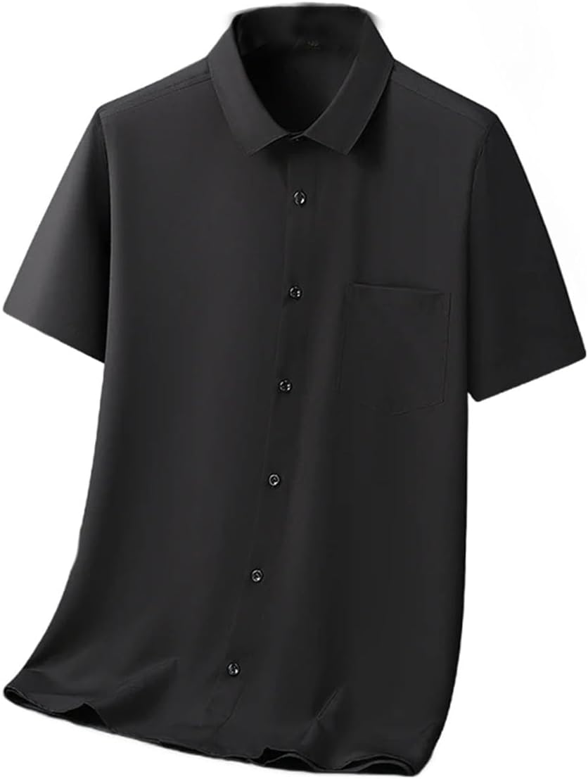 Mens Short Sleeve Shirt Stand Collar Button Pullover Solid Color Casua Formal Utility Top