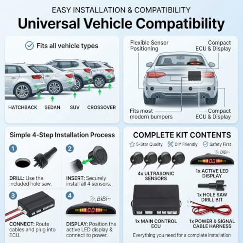 Image of Drumstone 𝟱-𝗬𝗲𝗮𝗿 𝗪𝗮𝗿𝗿𝗮𝗻𝘁𝘆 Universal Car Reverse Parking Sensor System with LED Distance Display, Audible Buzzer Alert & Ultrasonic Object Detection for Safe Parking Assistance