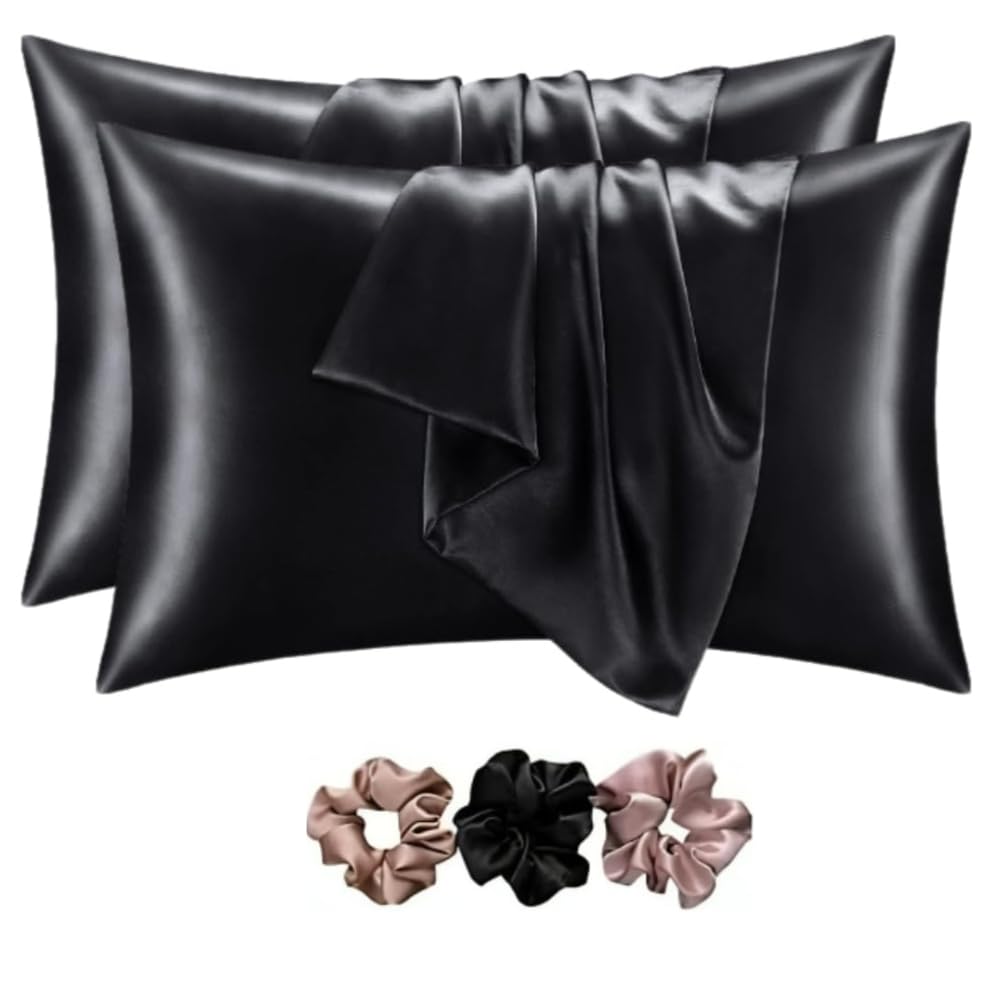 Go well Satin Silk Pillow Covers Pack of 2 for Hair and Skin-with Satin Scrunchies for Women Stylish|Satin Pillow Cover for Hair and Skin|scrunchies for Women 3-Piece|Silk Pillow case(Black) 600TC