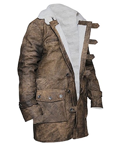 Bestzo Men's Fashion Dark Knight Bane Fur Trench Coat with Shearling Cowhide Distressed Genuine Leather Brown XS-5XL