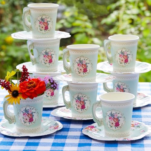 Talking Tables 24 x Pretty Vintage Floral Disposable Cups & Saucers Set for Weddings, Afternoon Tea Party Decorations, Mother's Day, Baby & Bridal Showers, Bridgerton Birthday - 2.9' Saucers, 6oz Cups