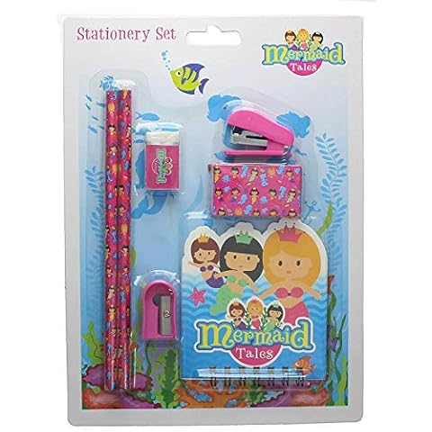 HomestreetUK Mermaid Stationery Colourful and Cute Sets for Back to School Kids Stationery Sets- Various Styles Pencils, Purses Rulers and More (Stapler and Notebook Set) Cover