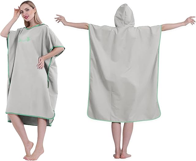 Wilxaw Changing Robe Adults, Towel Poncho with Hood for Women Men (Blue Brim), Quick Dry - Strong Absorbent Swim Poncho Towel for Surfing Wetsuit Changing (Grey)