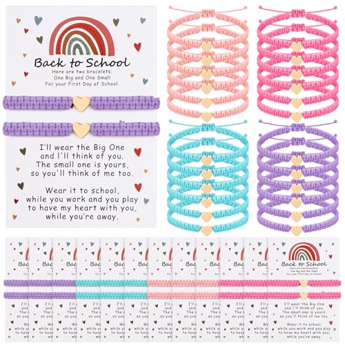 48 Pcs Back to School Bracelets First Day of School Heart Bracelets with 24 Cards Reward Prize Gift for Party Favors