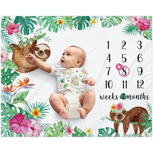 Image of Watercolor Jungle Baby Sloth Monthly Milestone Blanket for Girls - Soft Fleece Baby Girl Photo Prop Growth Tracker Newborn Keepsake Baby Shower Spring Gift