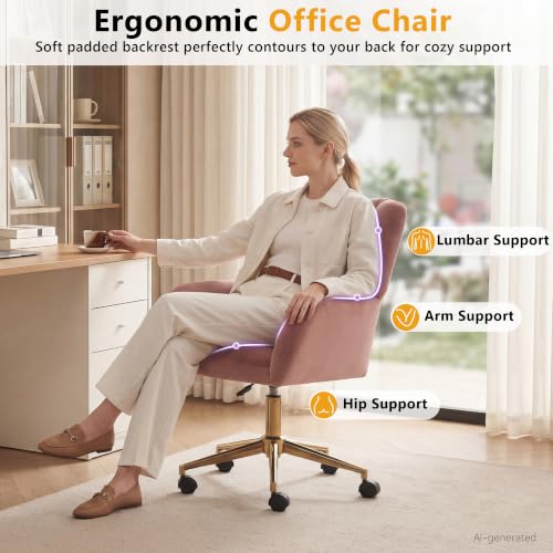 Image of FOXHUNTER Vanity Chair with Ergonomic Back & Wheels, 360 Swivel Accent Chair, Adjustable Height Home Office Chair for Living Room, Bedroom(Velvet Pink)