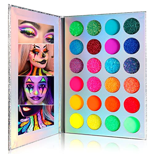 De'lanci Neon Eyeshadow Palette,24 Colors Highly Pigmented Fluorescent La Catrina Makeup Pallet Glow In The Dark,Uv Glow Blacklight Matte And Glitter Rainbow Eye Shadows For Luminous Party Beauty #TOP8
