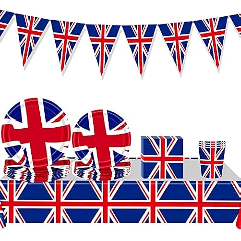 Union Jack Party Supplies Tableware Set Wonlonda Queen Tablecloth Napkins Cups Paper Plates Set Bunting Flags Decorations Party Supplies For any Independence Day, VE, Historical, 2022 World Cup Cover