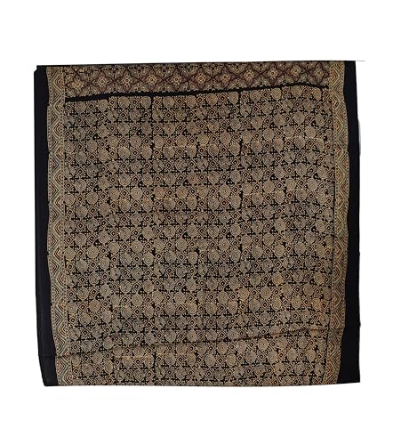 Image of Ethnics of Kutch Womens Ajrakh Modal Silk Natural Dye Golden Border Hand Block Print Saree with Blouse Piece - 5.5 Mtr Length (Black 05C01E)