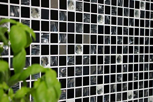 Piastrelle a mosaico, autoadesive, traslucide, in acciaio inox, nero, con mosaico in vetro e acciaio nero, MOS200-4CM26_f